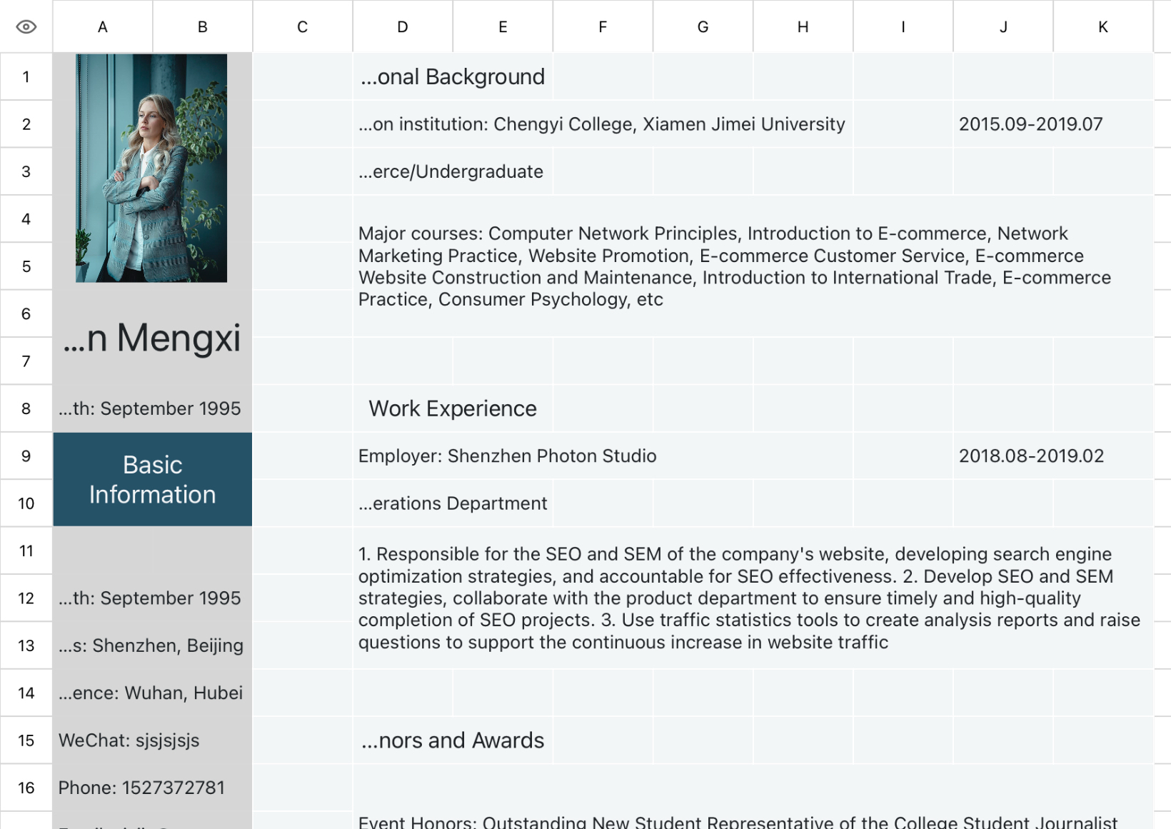 Personal resume and job application